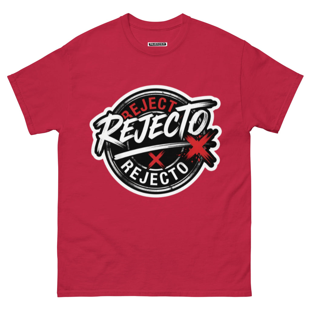 Rejected Street Wear emblem tee — black circle badge with white brush script and a red X slash