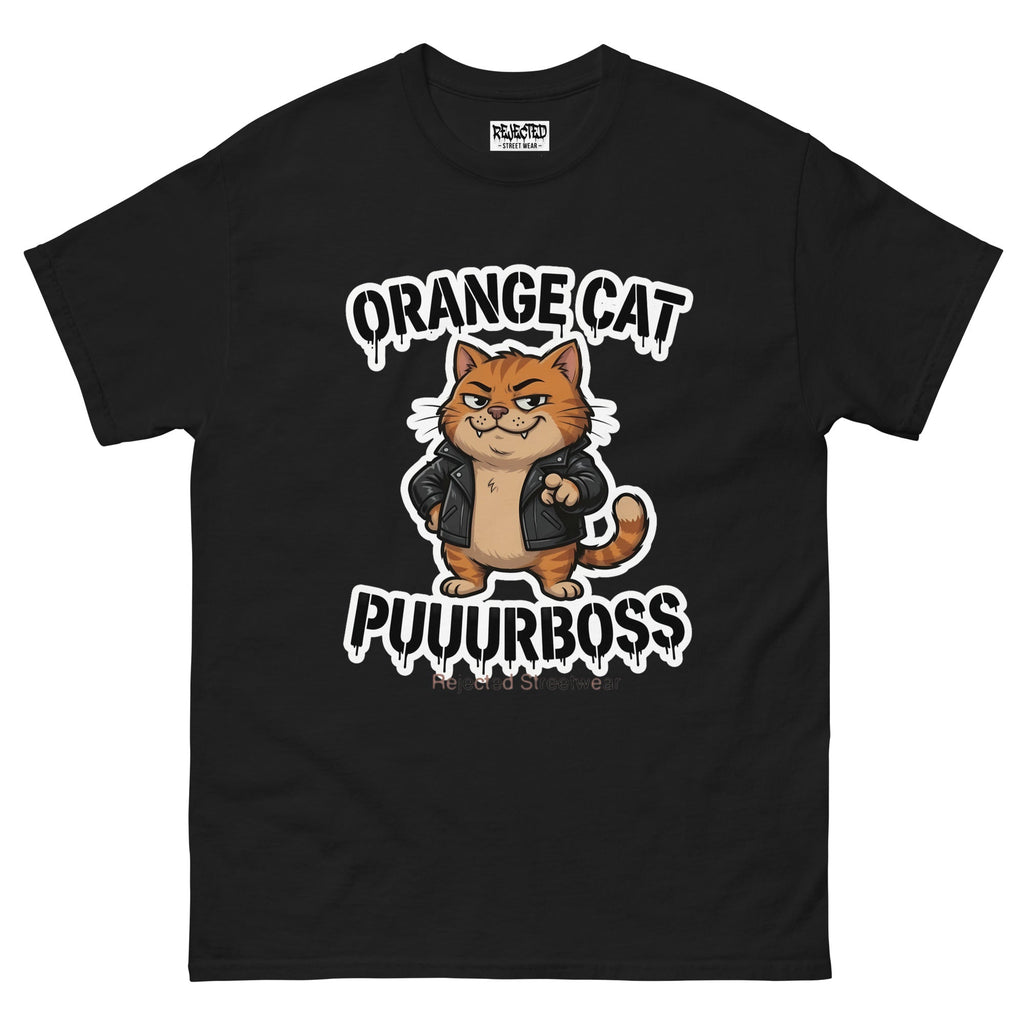 Purrboss orange cat tee — orange tabby in a leather jacket, arms crossed, under arched graffiti lettering