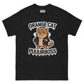 Purrboss orange cat tee — orange tabby in a leather jacket, arms crossed, under arched graffiti lettering
