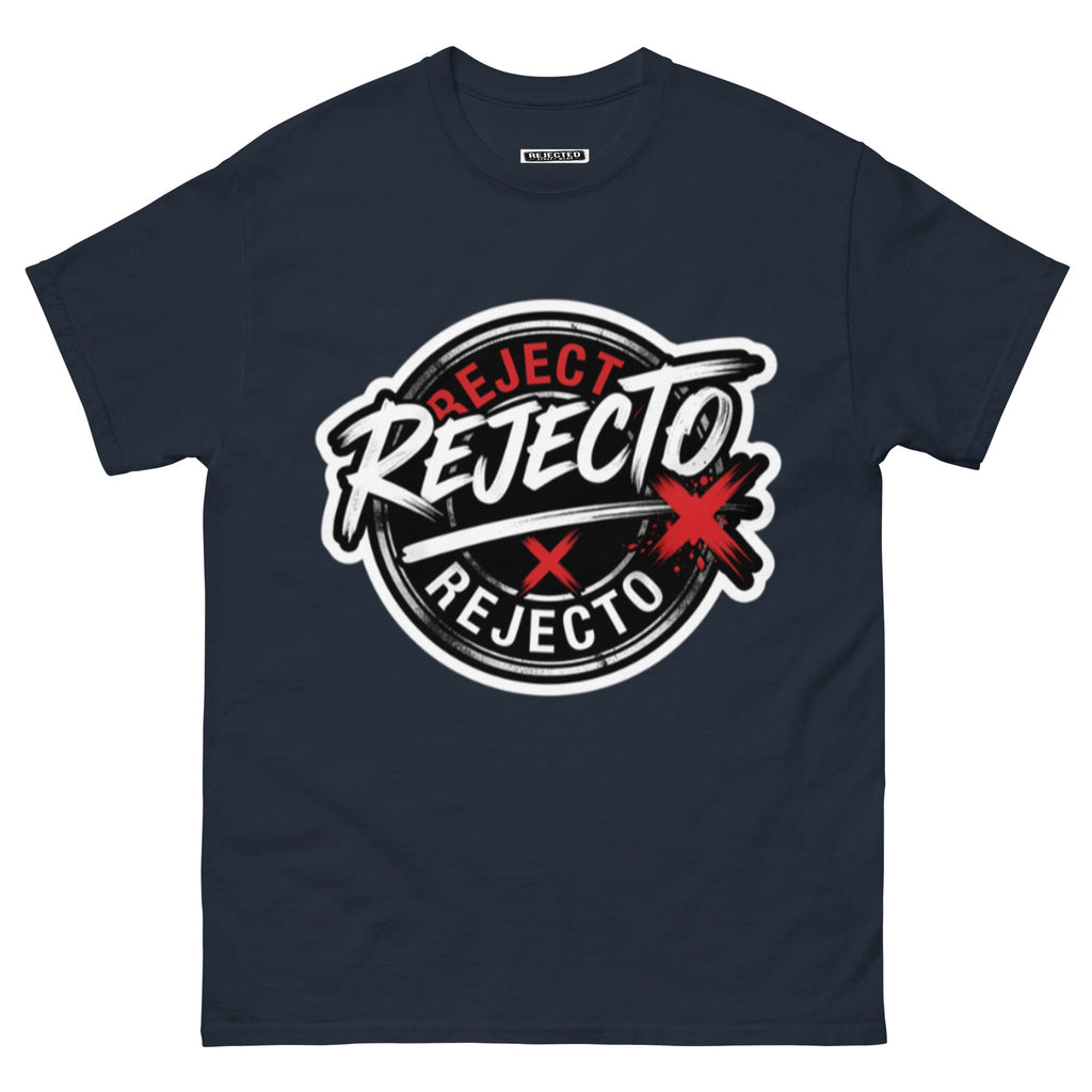 Rejected Street Wear emblem tee — black circle badge with white brush script and a red X slash
