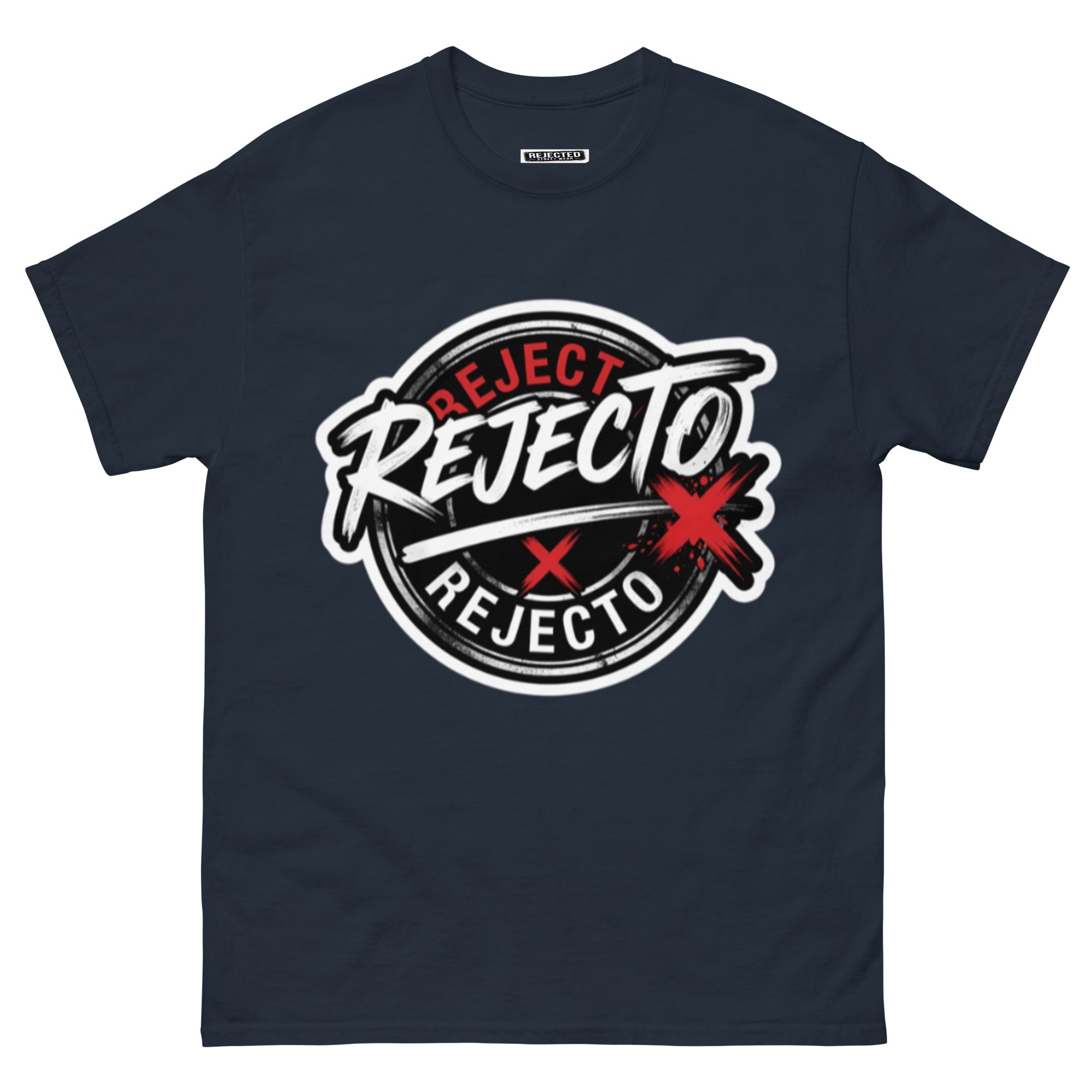 Rejected Street Wear emblem tee — black circle badge with white brush script and a red X slash