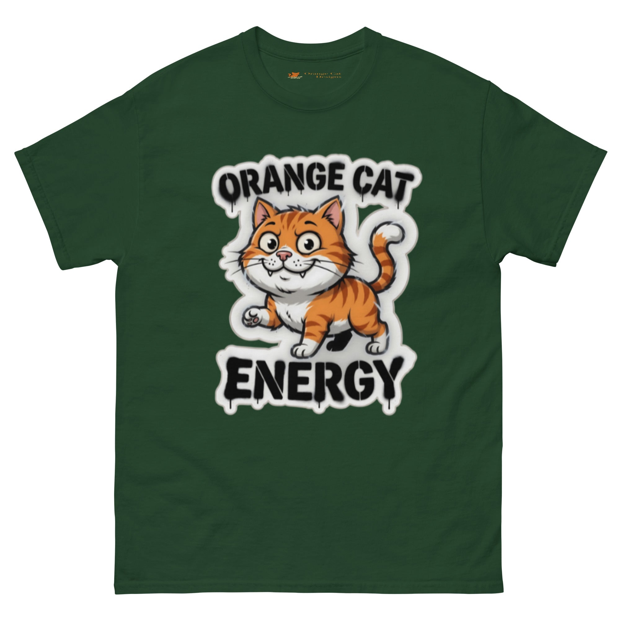 Orange Cat Energy tee — wide-eyed orange tabby mid-launch under drippy graffiti lettering