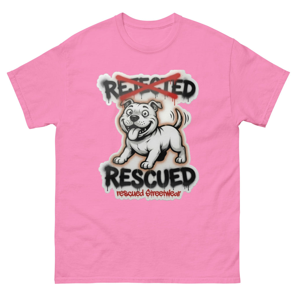 Rescued pit bull tee — white pit bull with REJECTED crossed out in red and RESCUED sprayed underneath