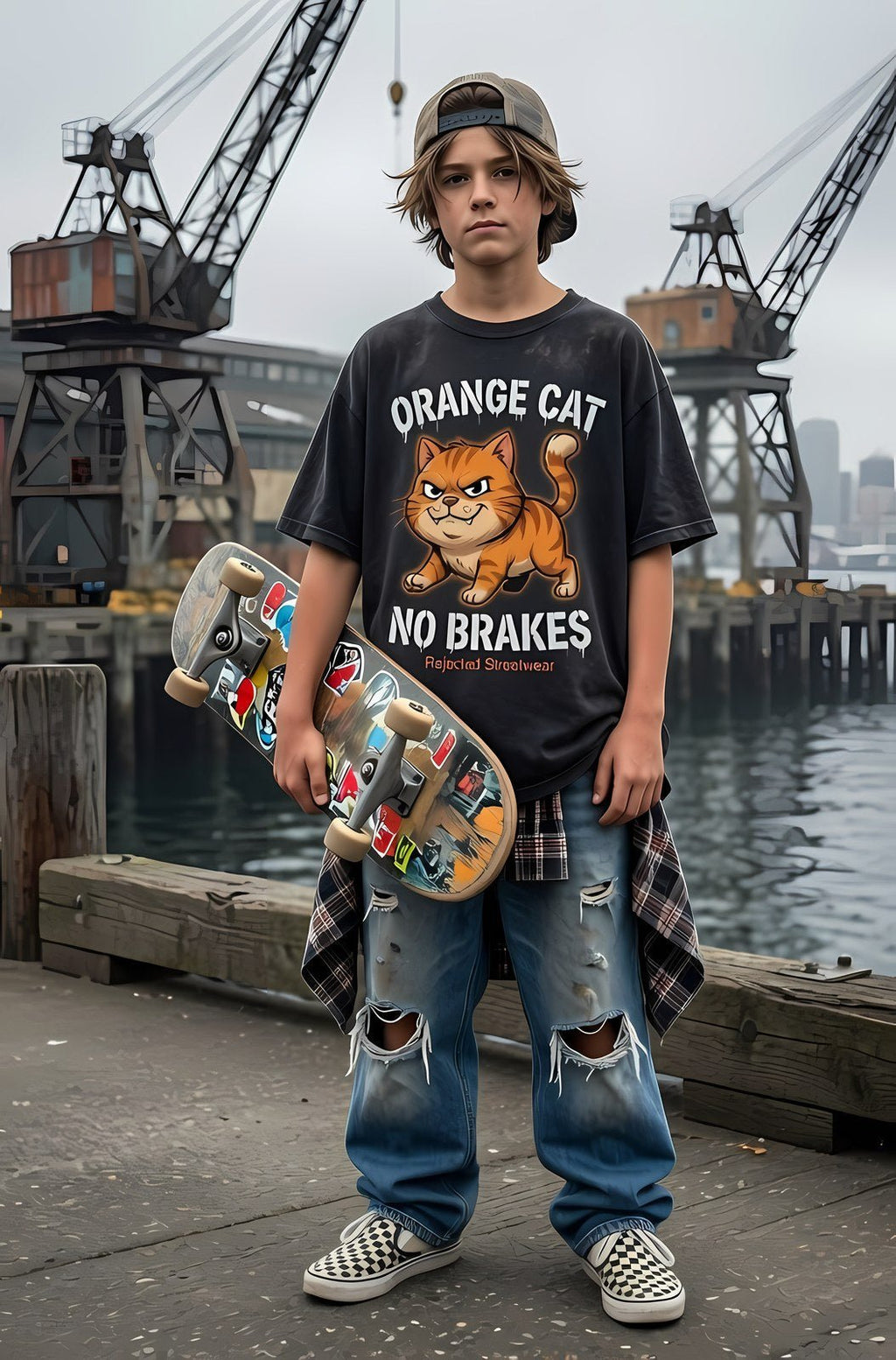 Orange Cat No Brakes tee — scowling orange tabby at full sprint under drippy graffiti lettering, white-outlined print