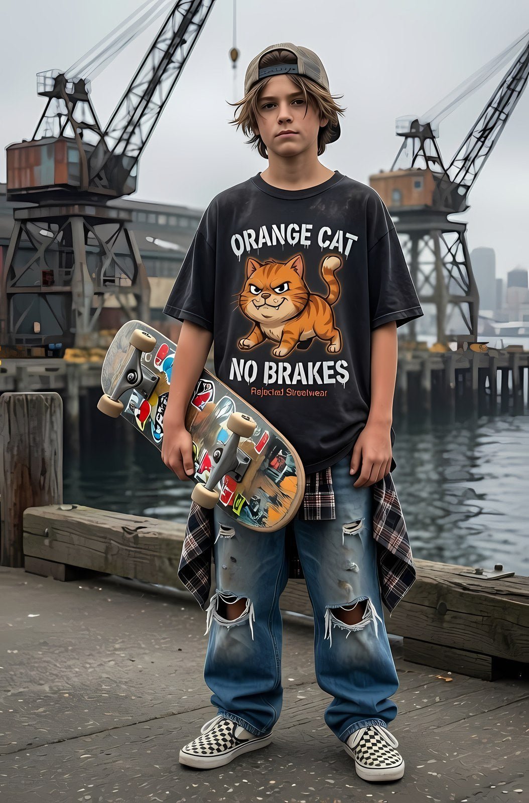 Orange Cat No Brakes tee — scowling orange tabby at full sprint under drippy graffiti lettering, white-outlined print