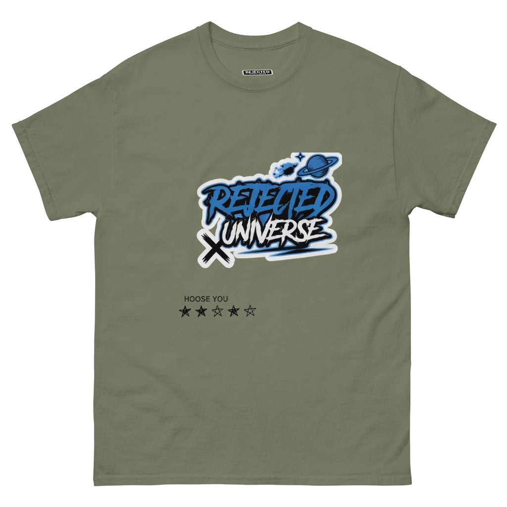 Rejected Universe logo tee in blue — graffiti tag with a planet and trailing stars
