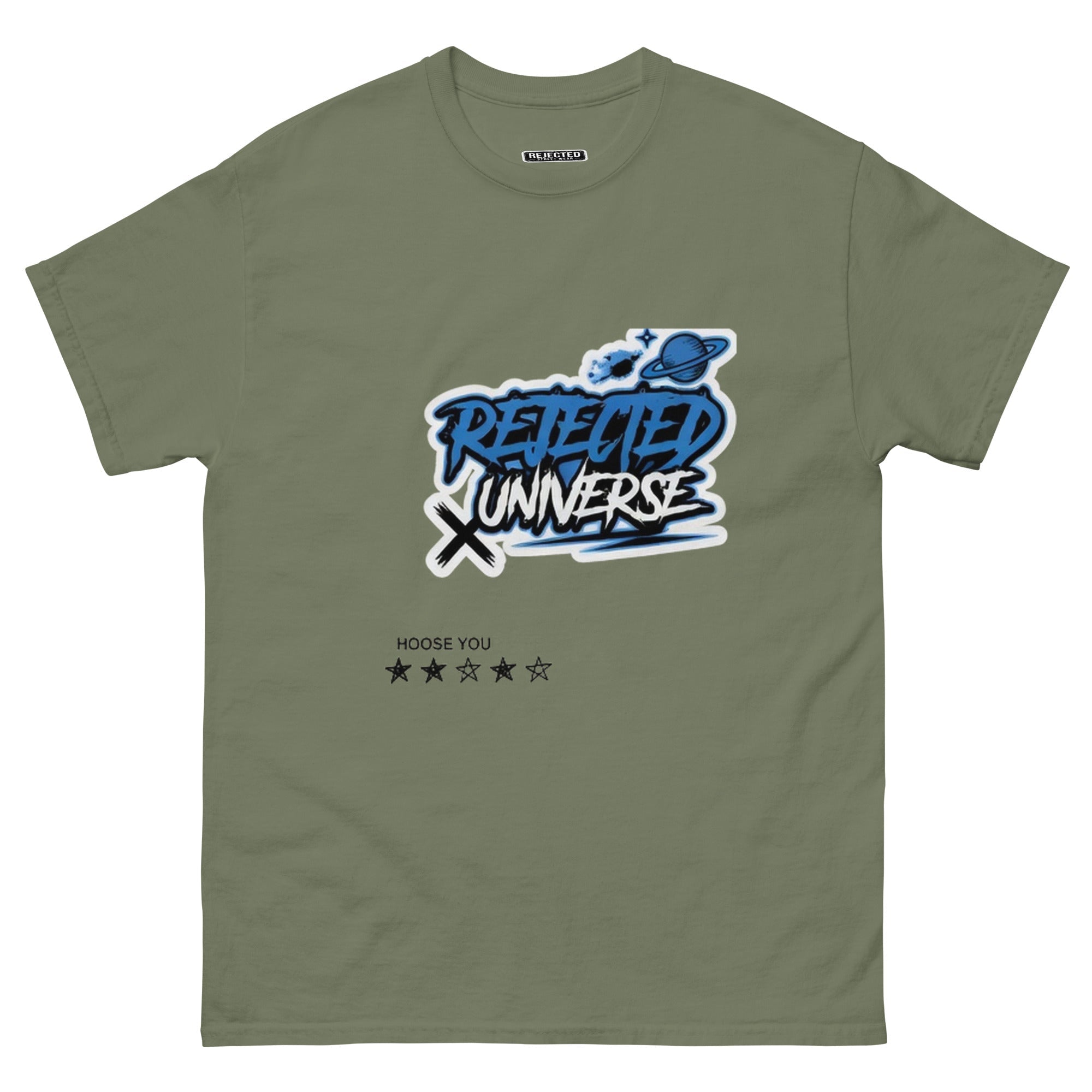 Rejected Universe logo tee in blue — graffiti tag with a planet and trailing stars