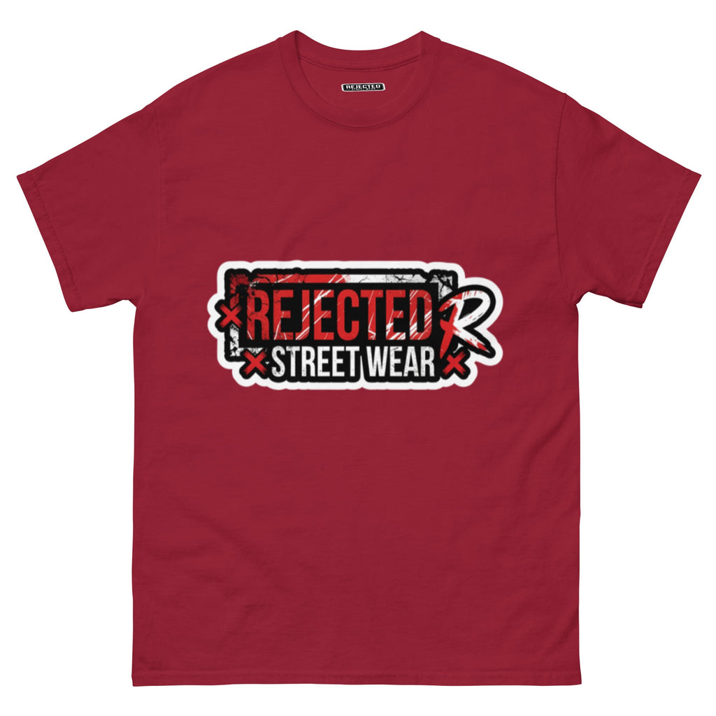 Rejected Street Wear red box logo tee — red-framed REJECTED STREET WEAR stamp with corner x marks and a red slash
