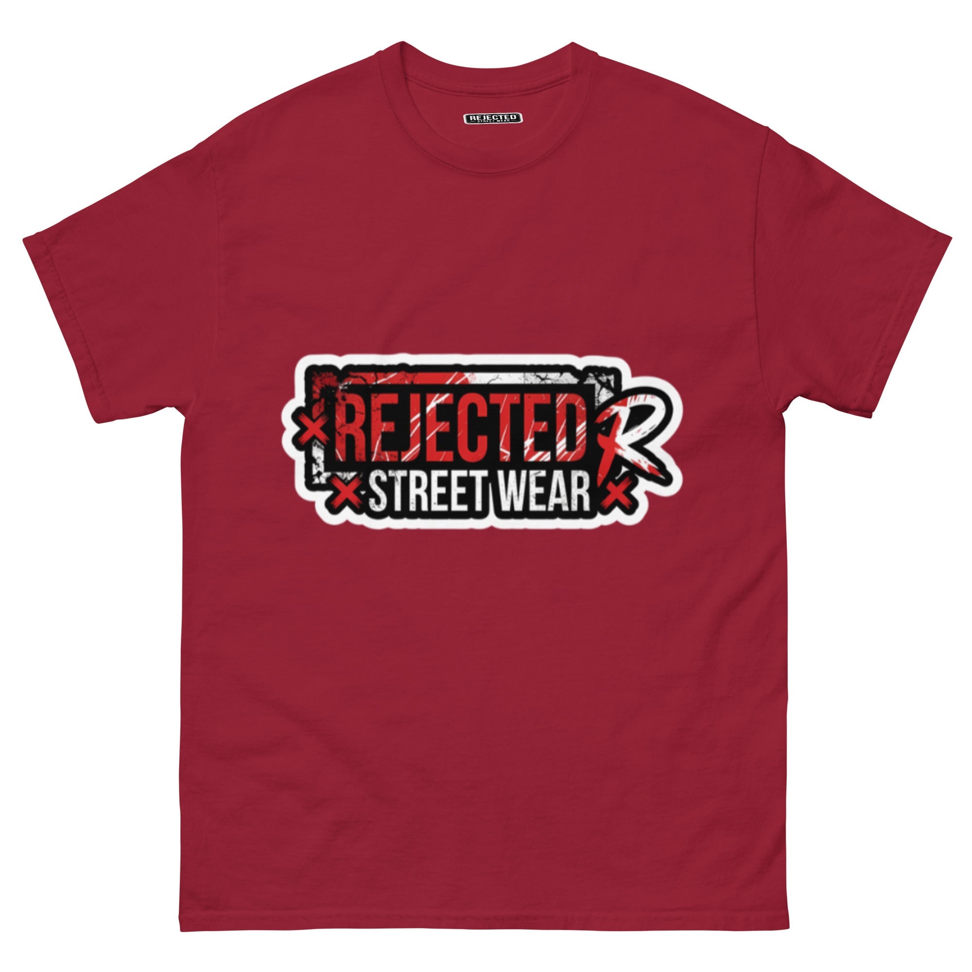 Rejected Street Wear red box logo tee — red-framed REJECTED STREET WEAR stamp with corner x marks and a red slash