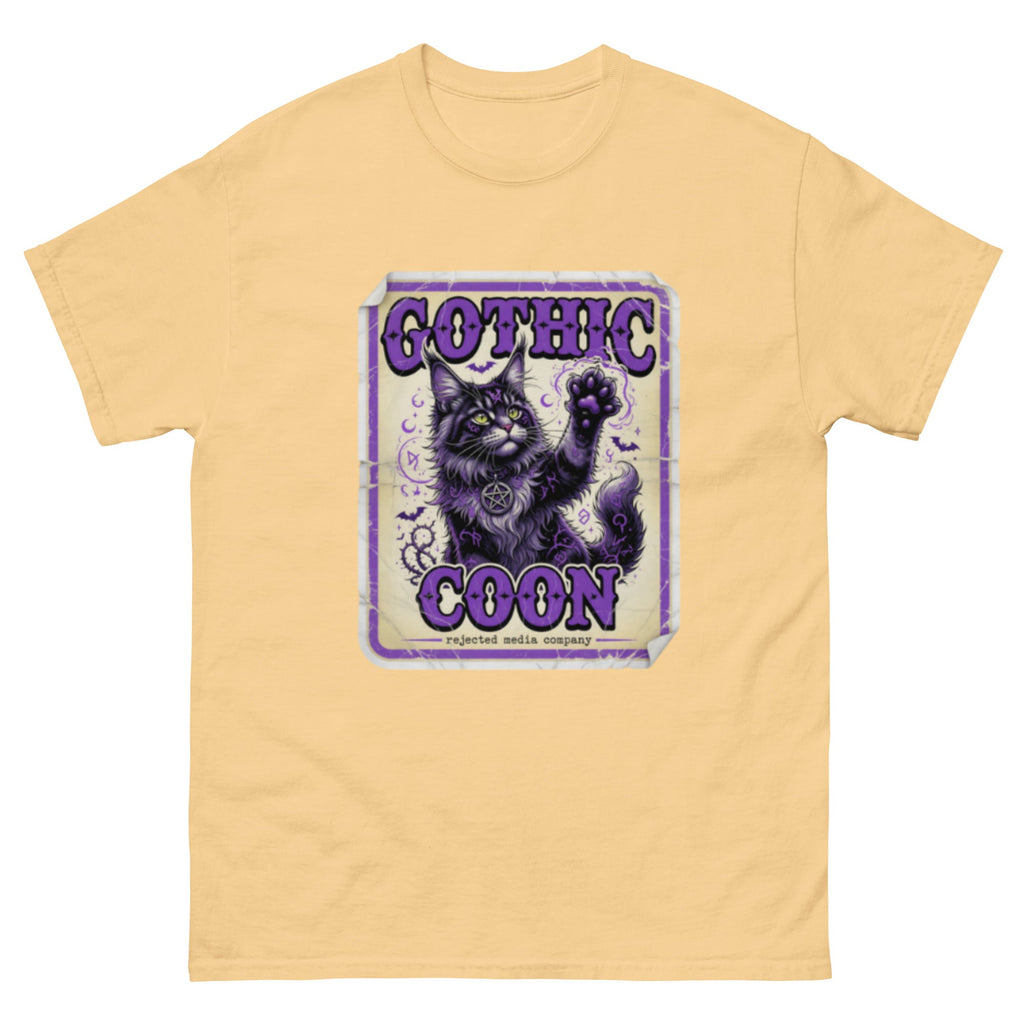 Gothic Coon tee — purple and black Maine Coon cat with a pentacle collar and one paw raised, vintage poster frame
