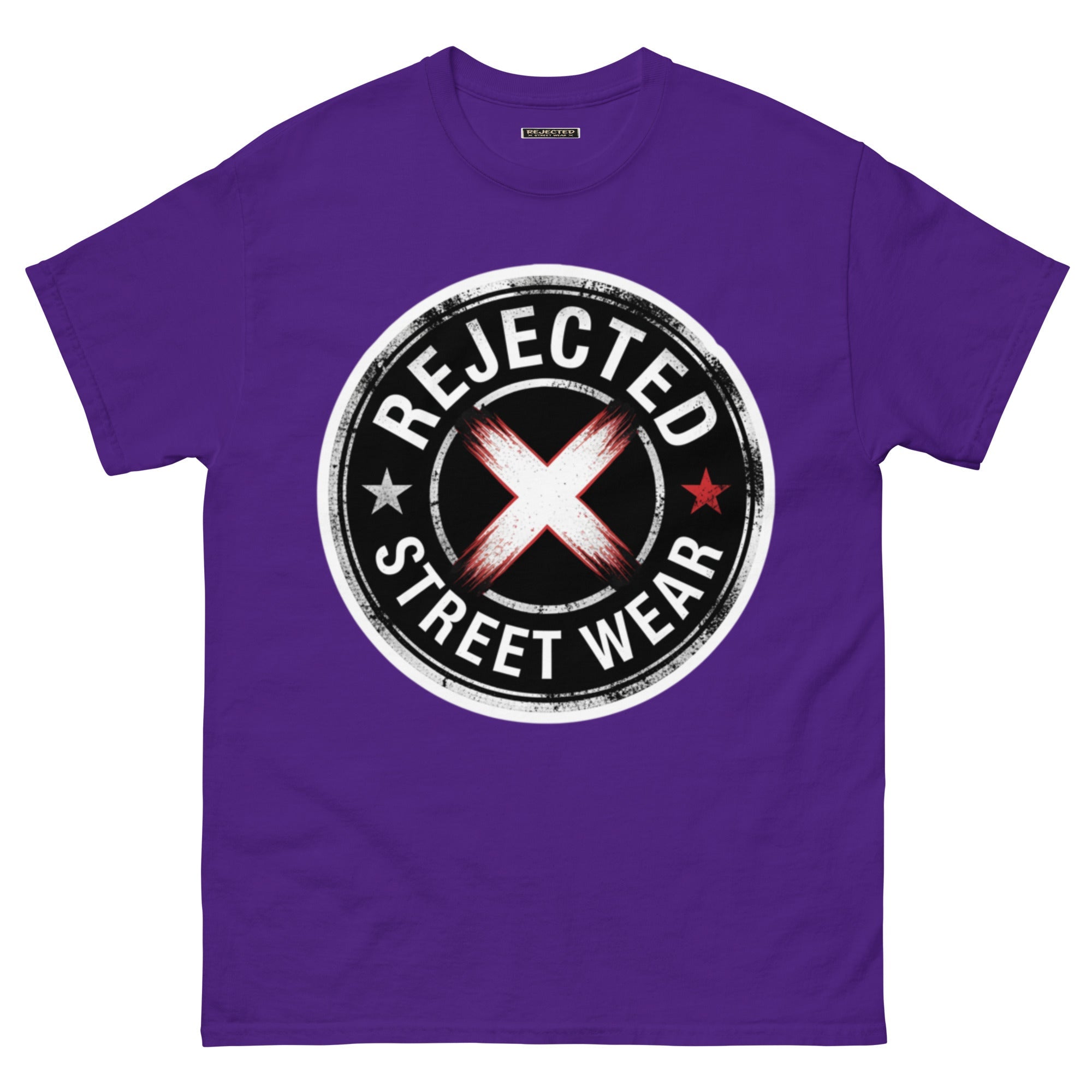 Rejected Street Wear barbed wire seal tee — distressed circular badge with REJECTED arched over a red and white brushed X