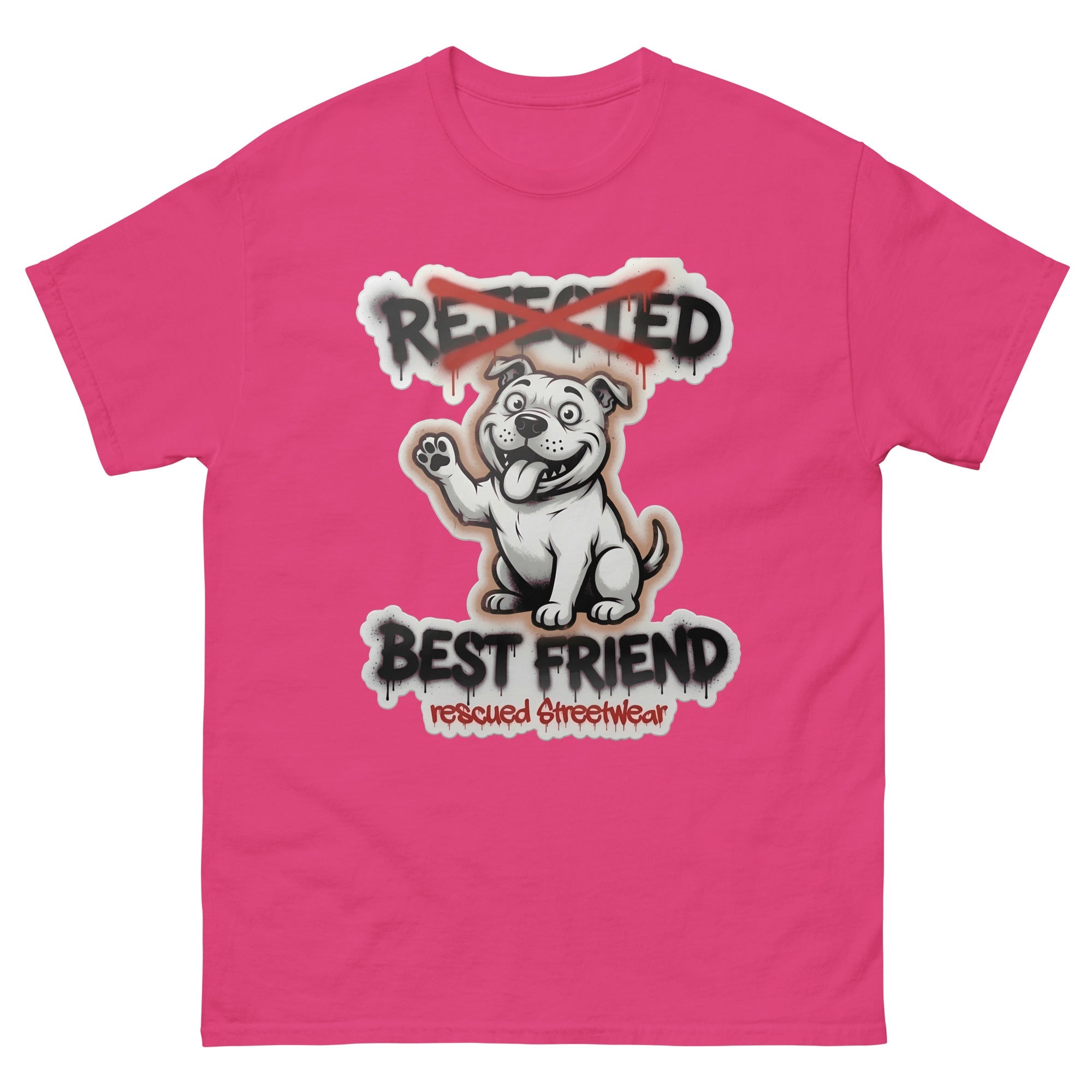 Best Friend pit bull tee — white bully pup waving a paw with REJECTED crossed out in red and BEST FRIEND sprayed below