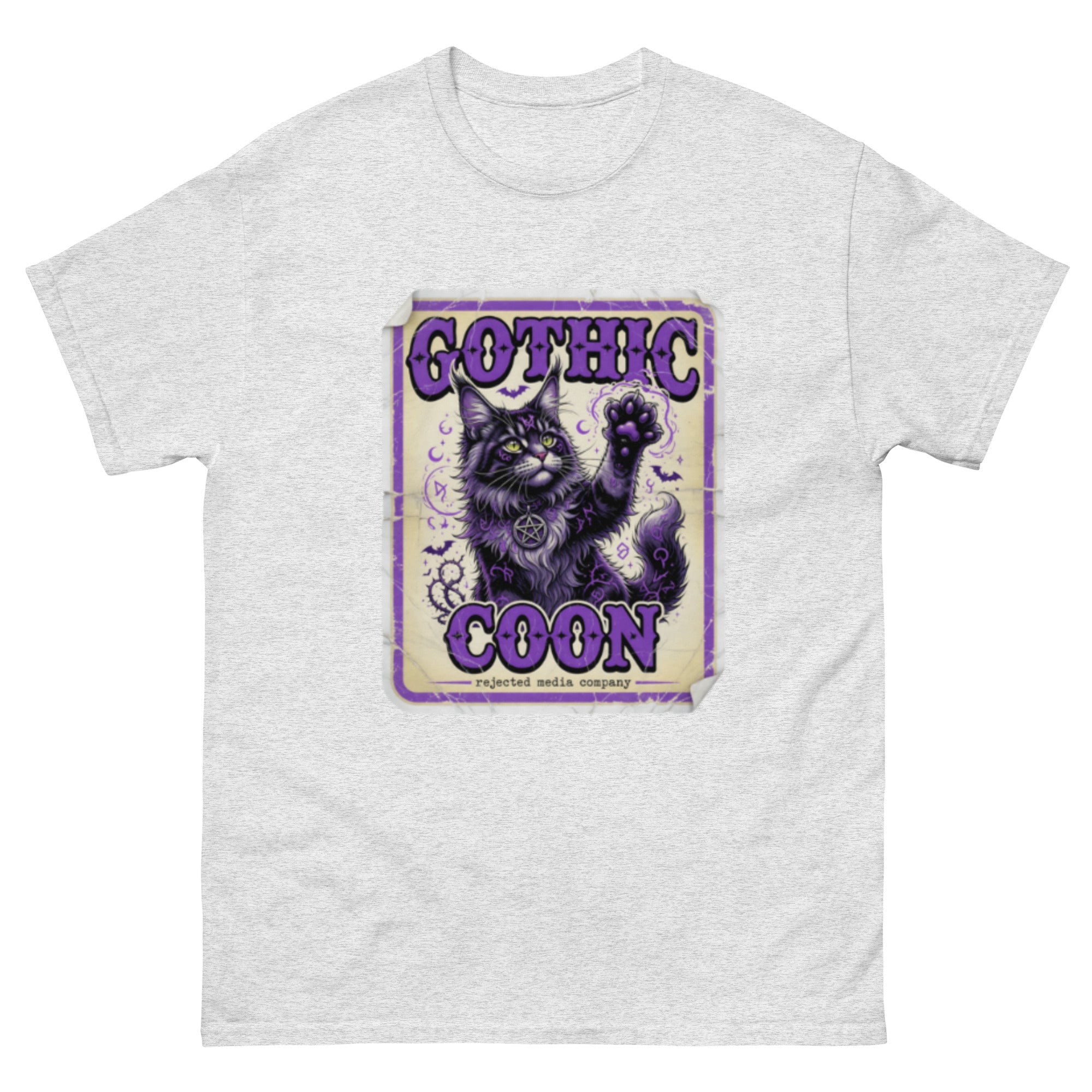 Gothic Coon tee — purple and black Maine Coon cat with a pentacle collar and one paw raised, vintage poster frame