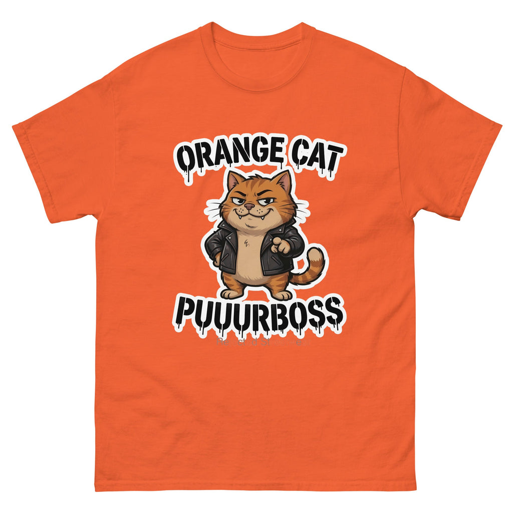 Purrboss orange cat tee — orange tabby in a leather jacket, arms crossed, under arched graffiti lettering