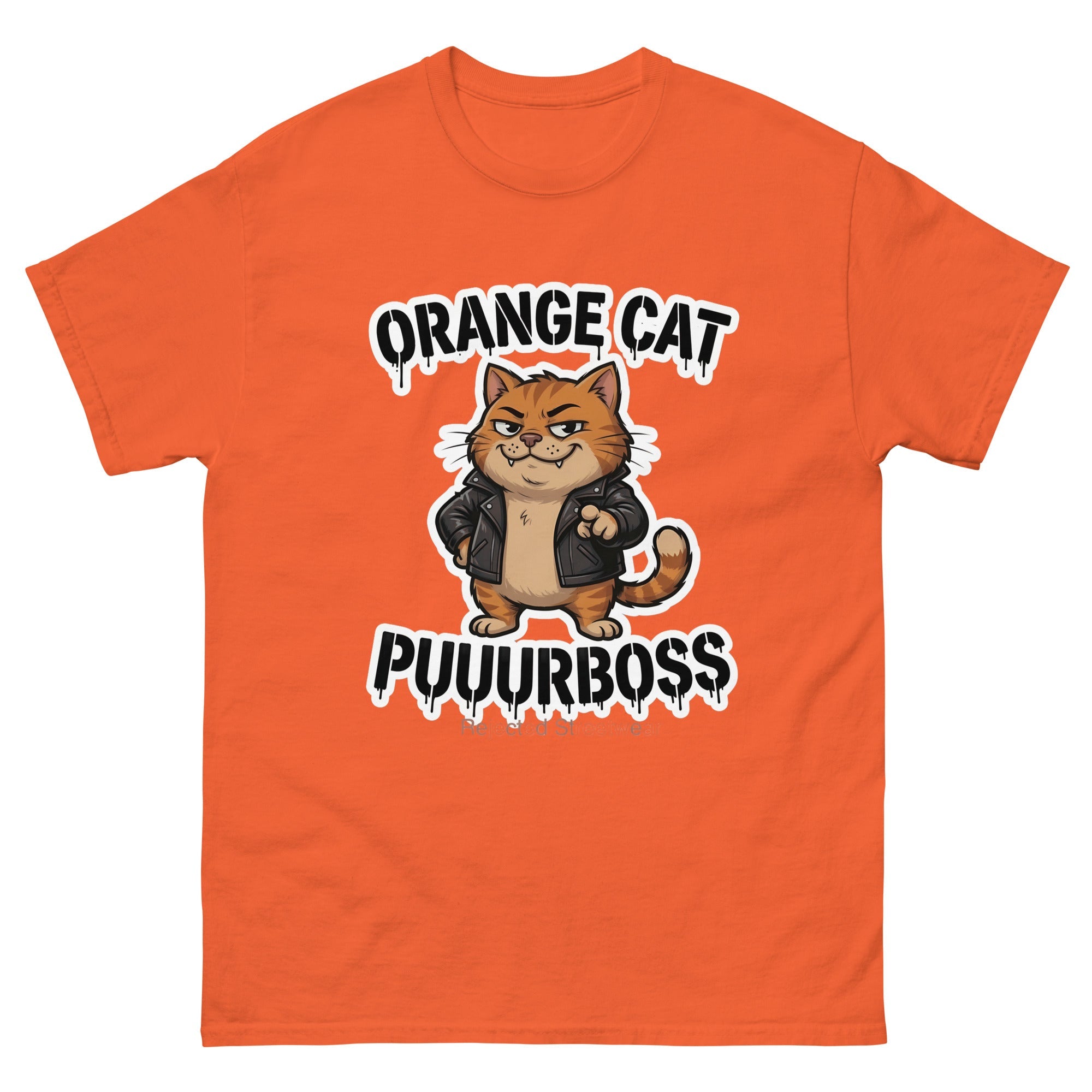 Purrboss orange cat tee — orange tabby in a leather jacket, arms crossed, under arched graffiti lettering