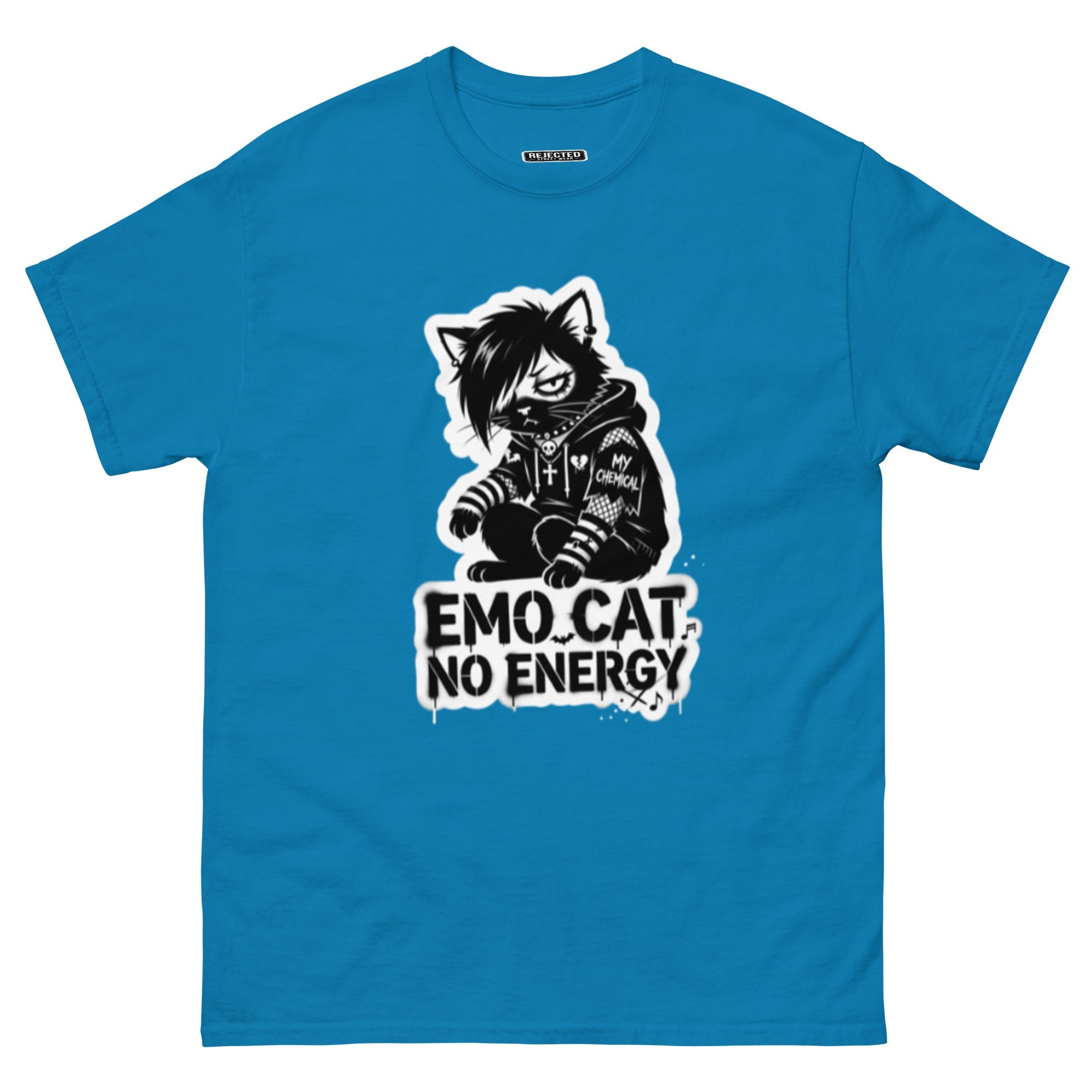 Emo Cat No Energy tee — grey cat with side-swept bangs and a patched hoodie under spray-paint lettering