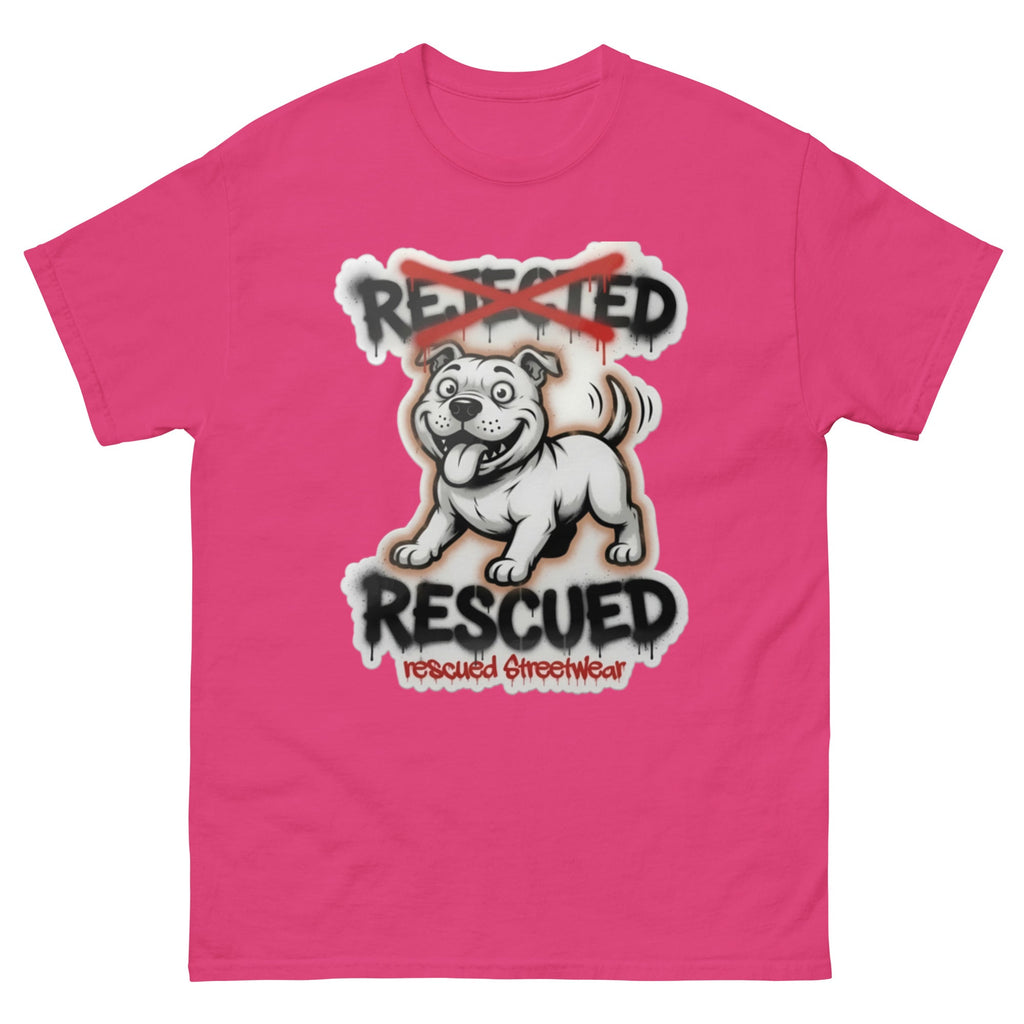 Rescued pit bull tee — white pit bull with REJECTED crossed out in red and RESCUED sprayed underneath