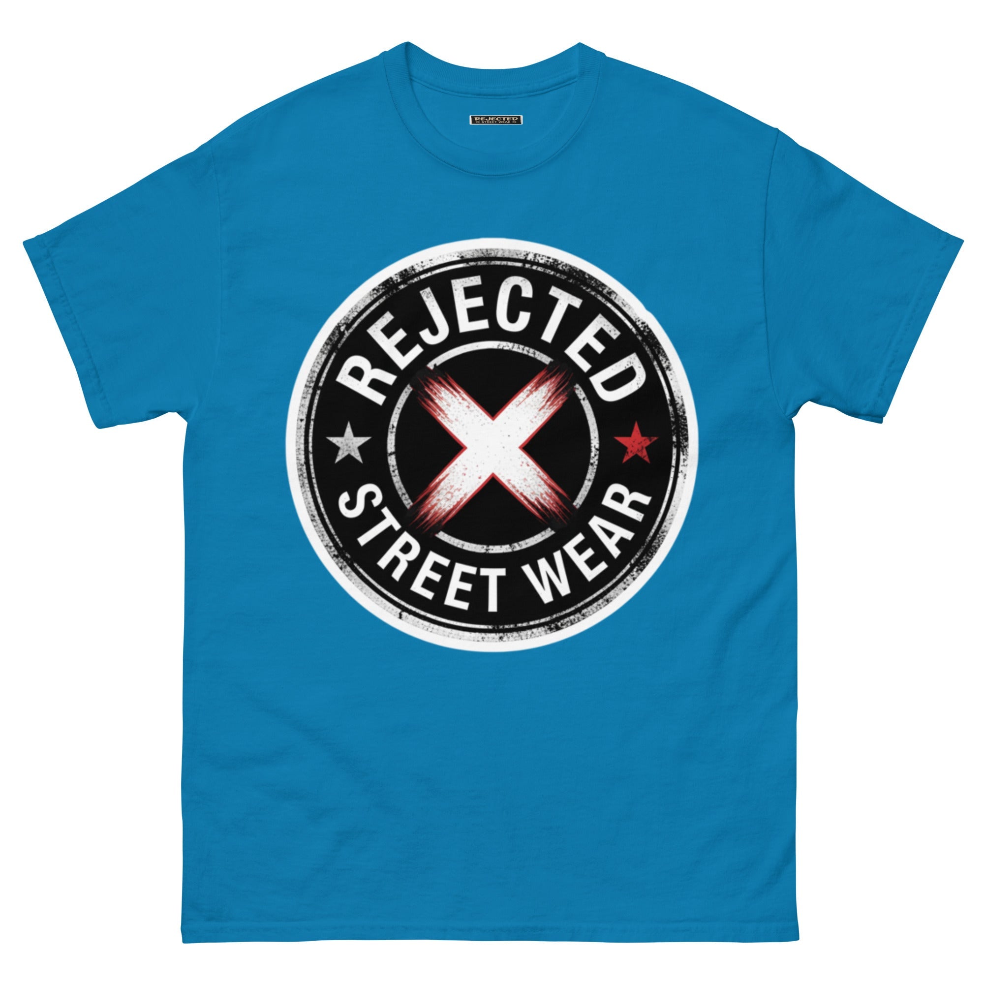 Rejected Street Wear barbed wire seal tee — distressed circular badge with REJECTED arched over a red and white brushed X