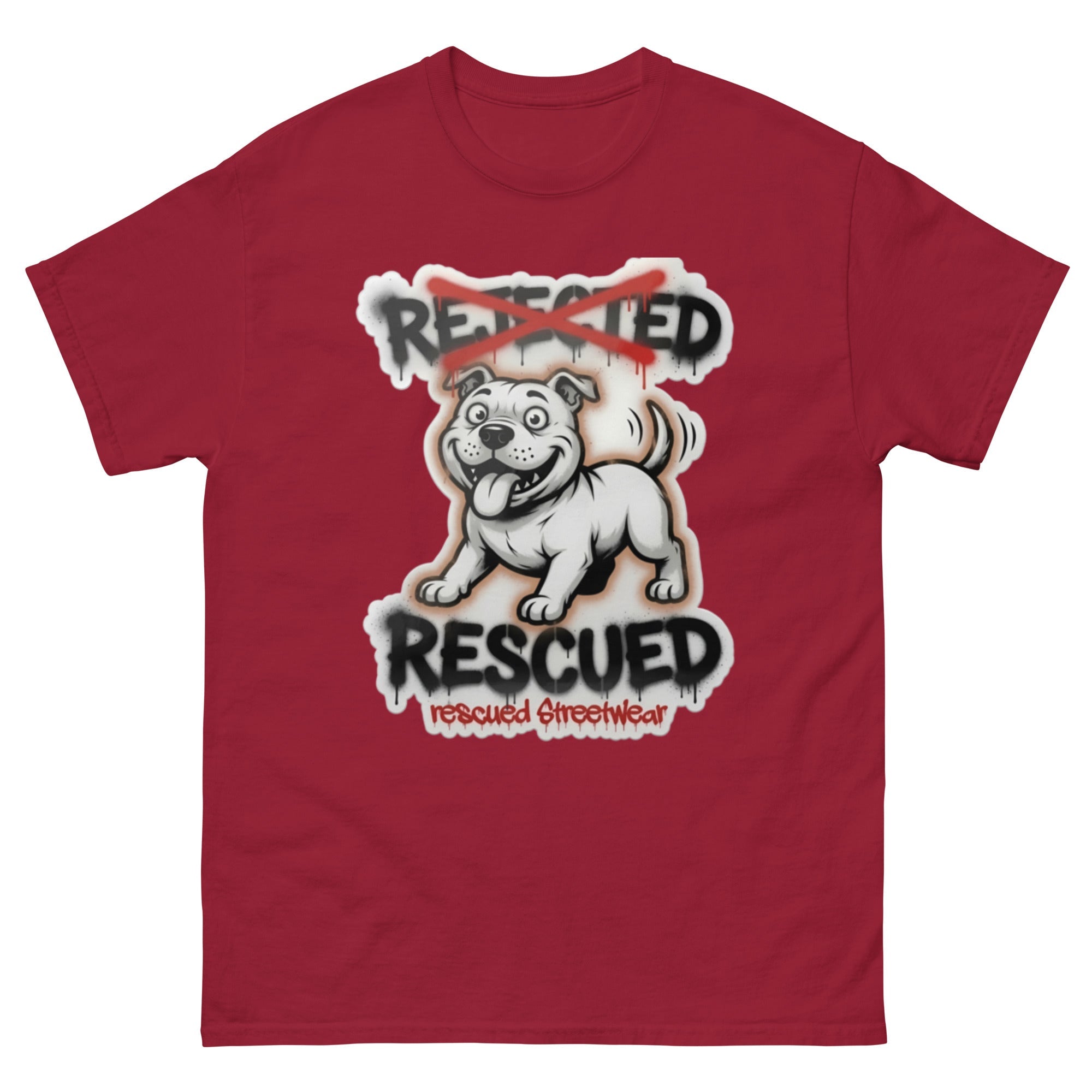 Rescued pit bull tee — white pit bull with REJECTED crossed out in red and RESCUED sprayed underneath