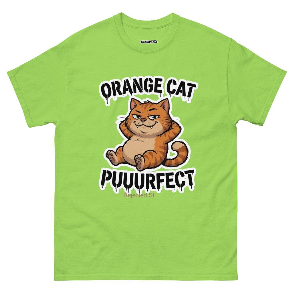 Orange Cat Puuurfect tee — chunky reclined orange tabby under arched drippy graffiti lettering