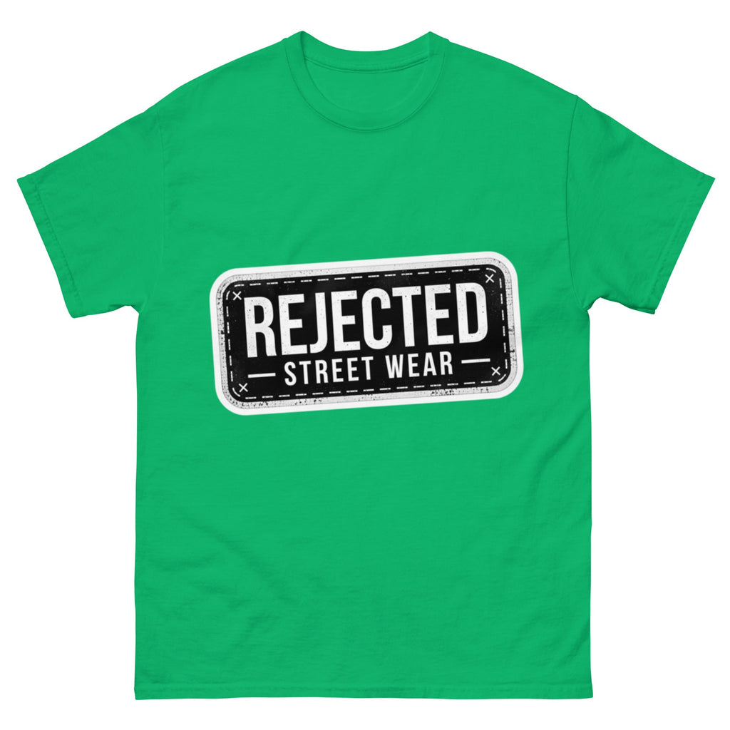 Rejected Street Wear plate logo tee — stamped black plate with a dashed border, corner x marks and REJECTED STREET WEAR inside