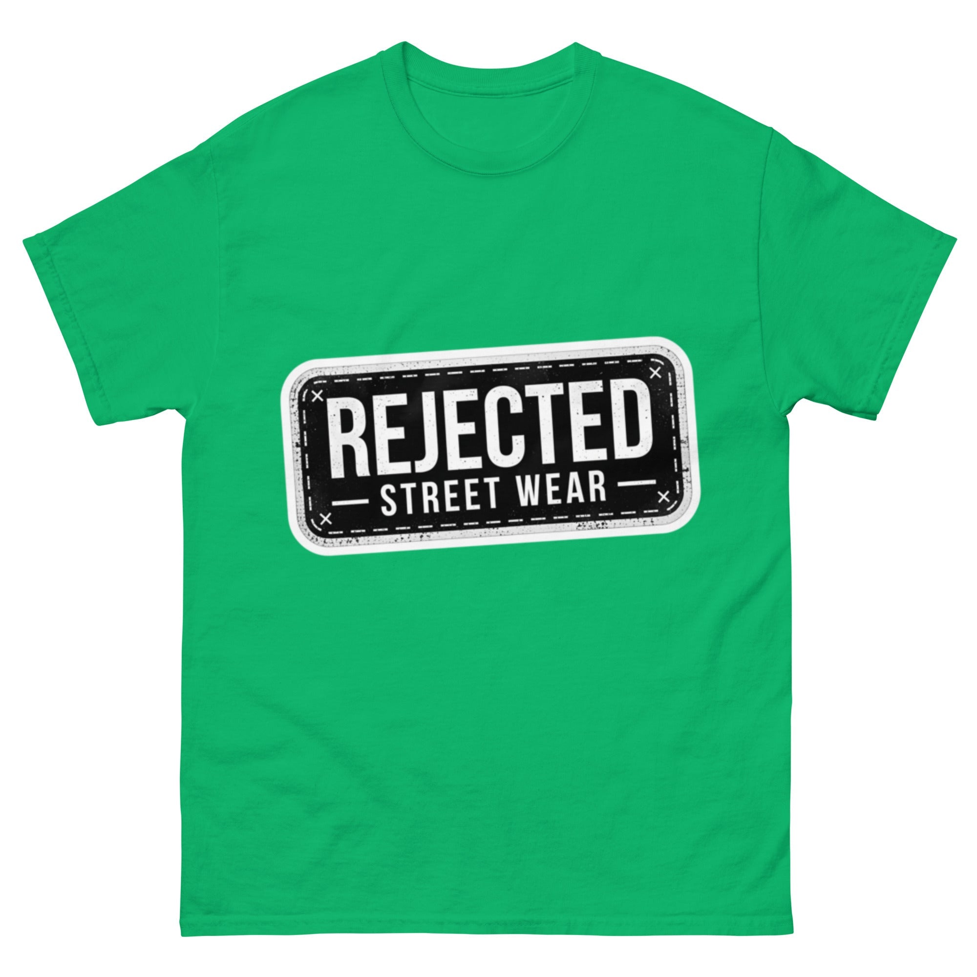 Rejected Street Wear plate logo tee — stamped black plate with a dashed border, corner x marks and REJECTED STREET WEAR inside