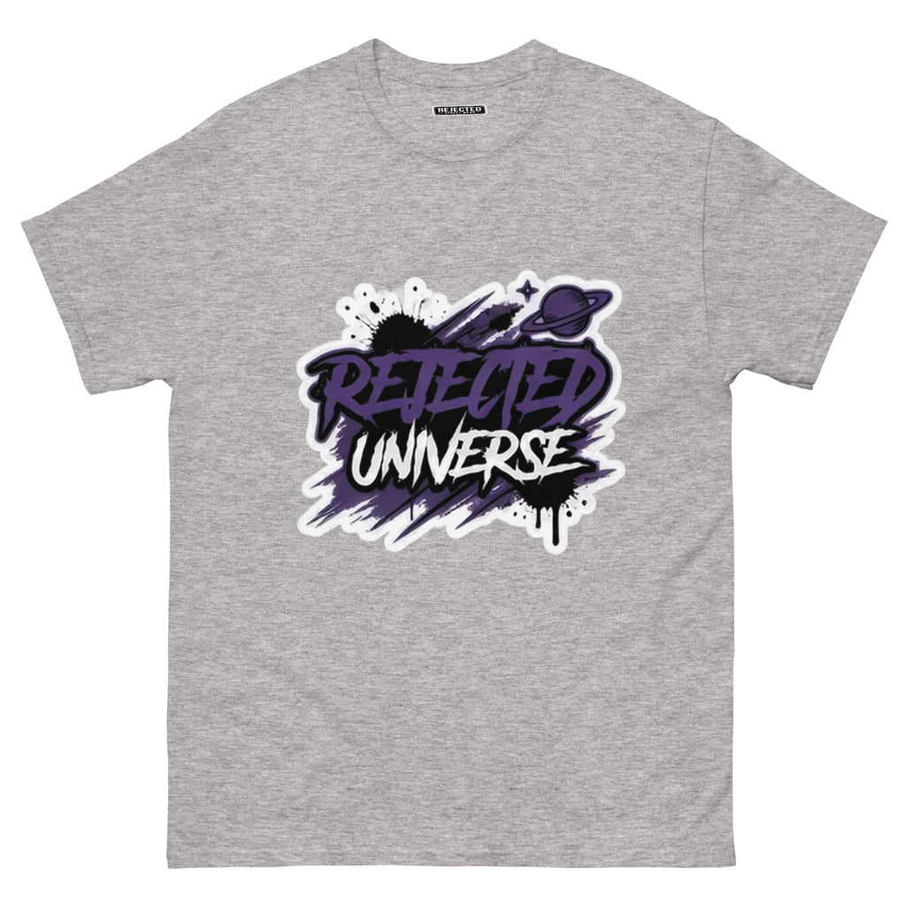 Rejected Universe logo tee in purple — leaning graffiti tag with an orbiting planet and spray splatter