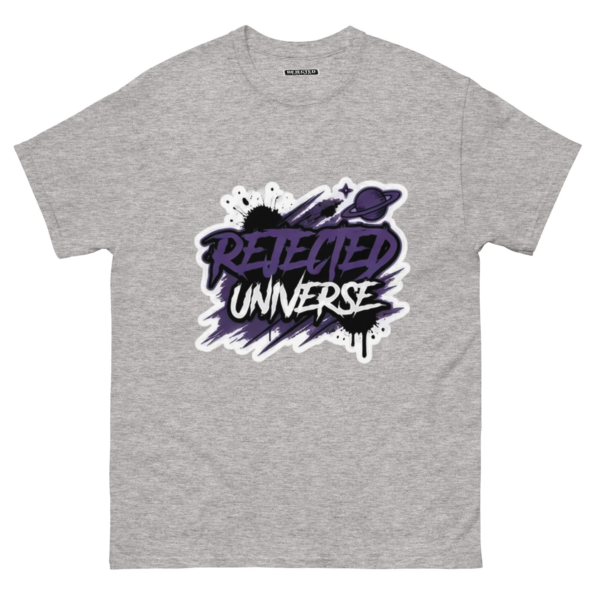 Rejected Universe logo tee in purple — leaning graffiti tag with an orbiting planet and spray splatter