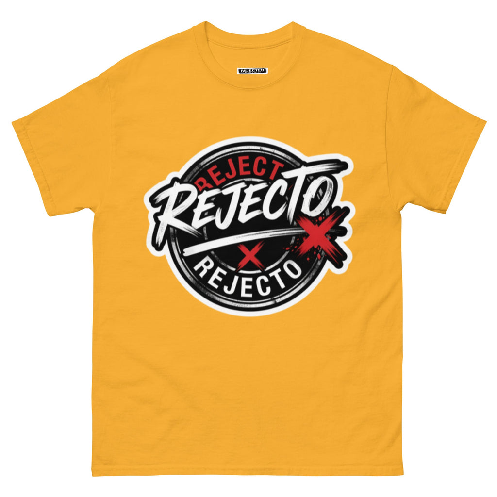 Rejected Street Wear emblem tee — black circle badge with white brush script and a red X slash
