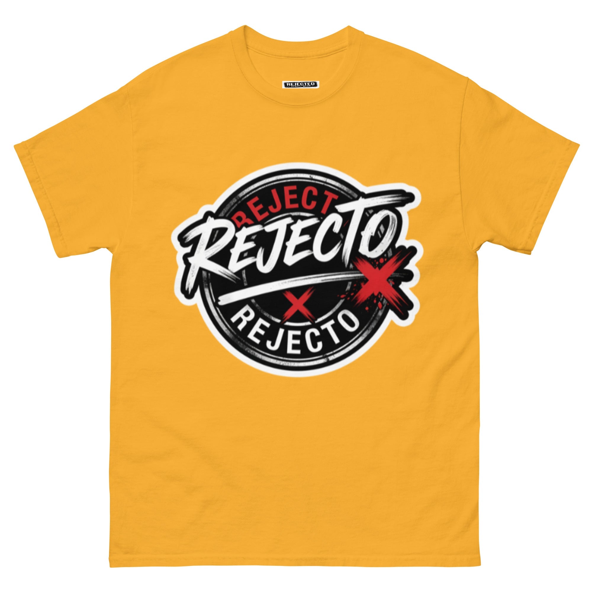 Rejected Street Wear emblem tee — black circle badge with white brush script and a red X slash