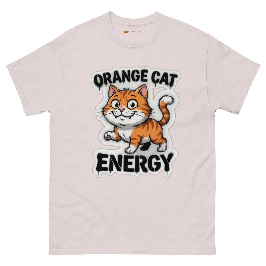 Orange Cat Energy tee — wide-eyed orange tabby mid-launch under drippy graffiti lettering