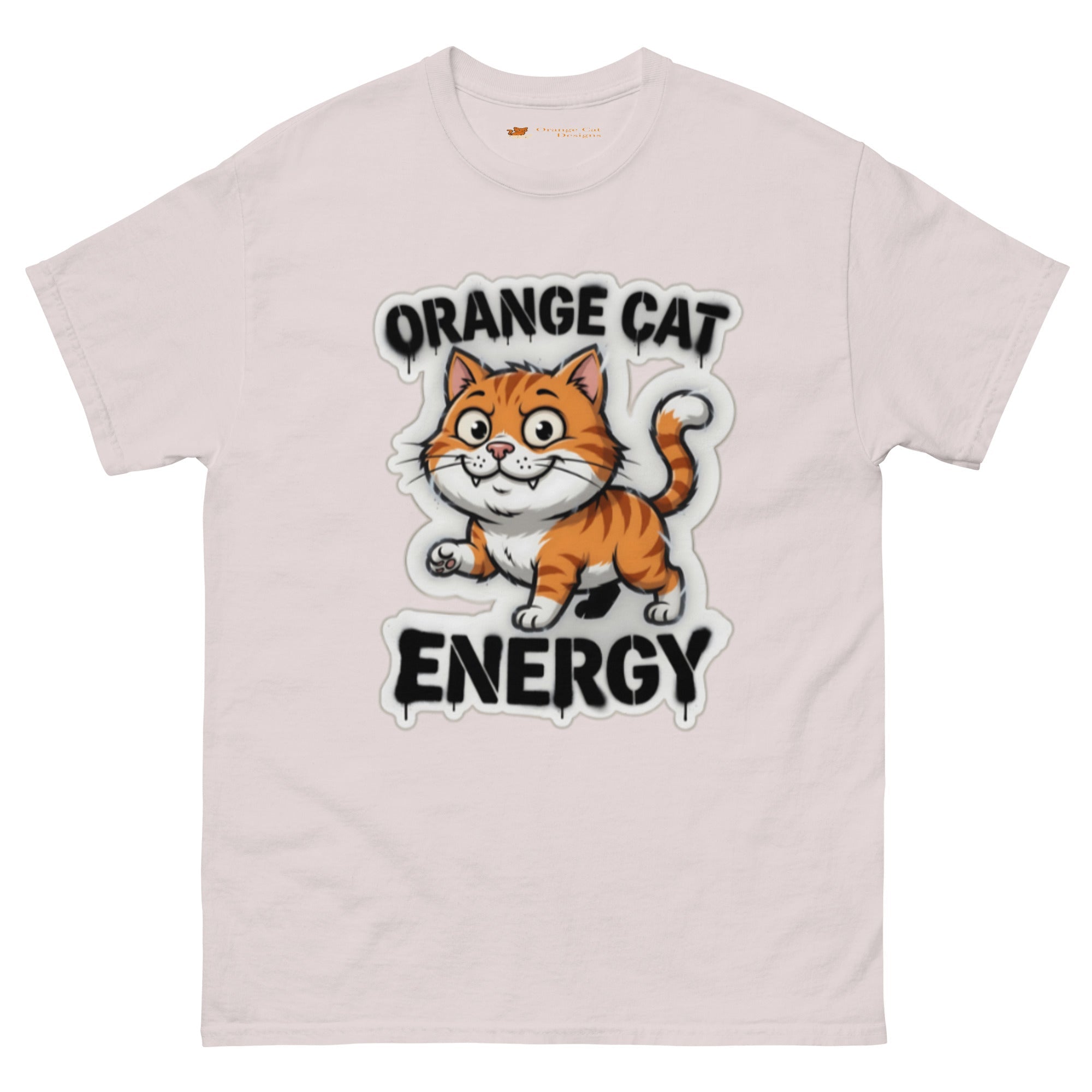Orange Cat Energy tee — wide-eyed orange tabby mid-launch under drippy graffiti lettering