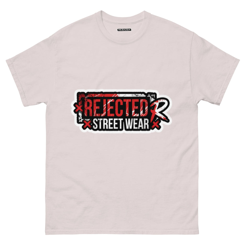 Rejected Street Wear red box logo tee — red-framed REJECTED STREET WEAR stamp with corner x marks and a red slash