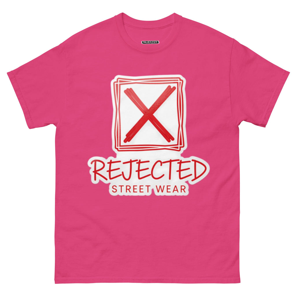 Rejected Street Wear box logo tee — hand-drawn red frame with a brushed X and REJECTED STREET WEAR in red beneath
