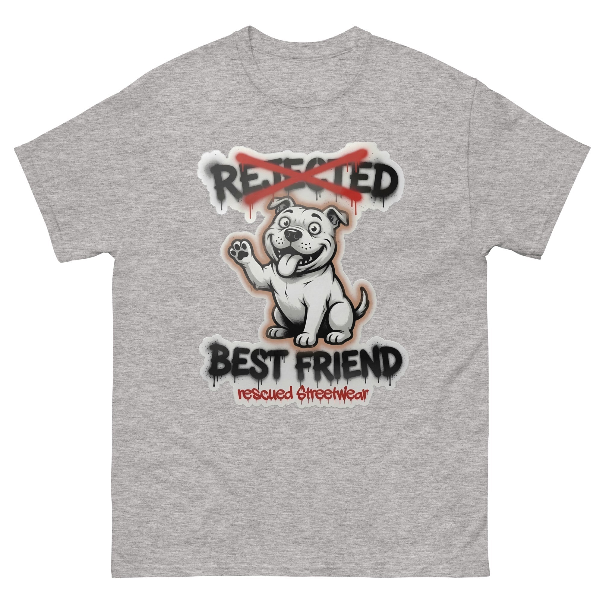 Best Friend pit bull tee — white bully pup waving a paw with REJECTED crossed out in red and BEST FRIEND sprayed below