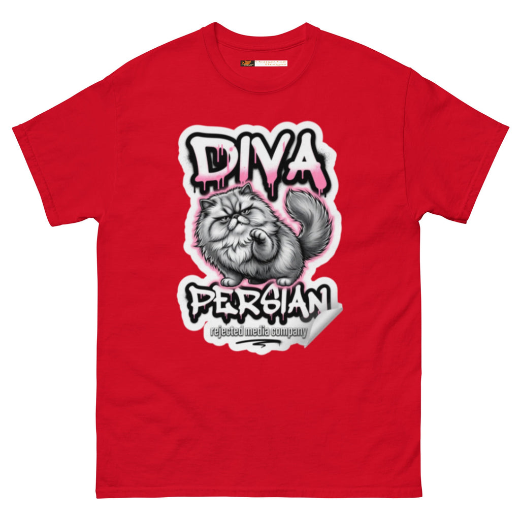Diva Persian cat tee — fluffed-out Persian cat with an unimpressed face under pink graffiti drip lettering
