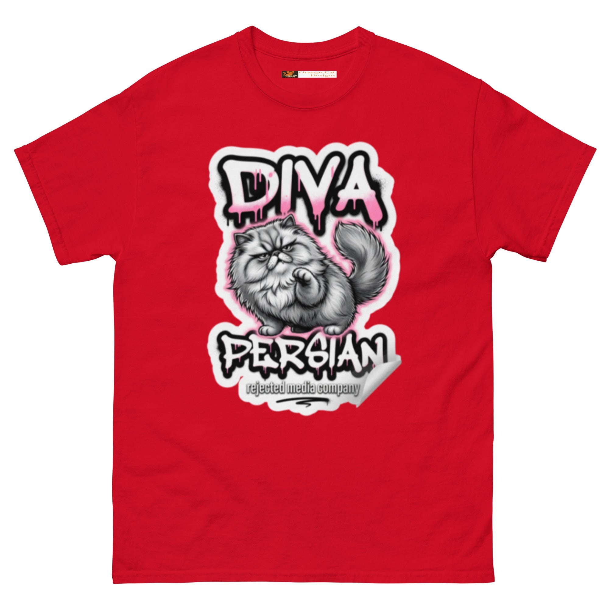 Diva Persian cat tee — fluffed-out Persian cat with an unimpressed face under pink graffiti drip lettering