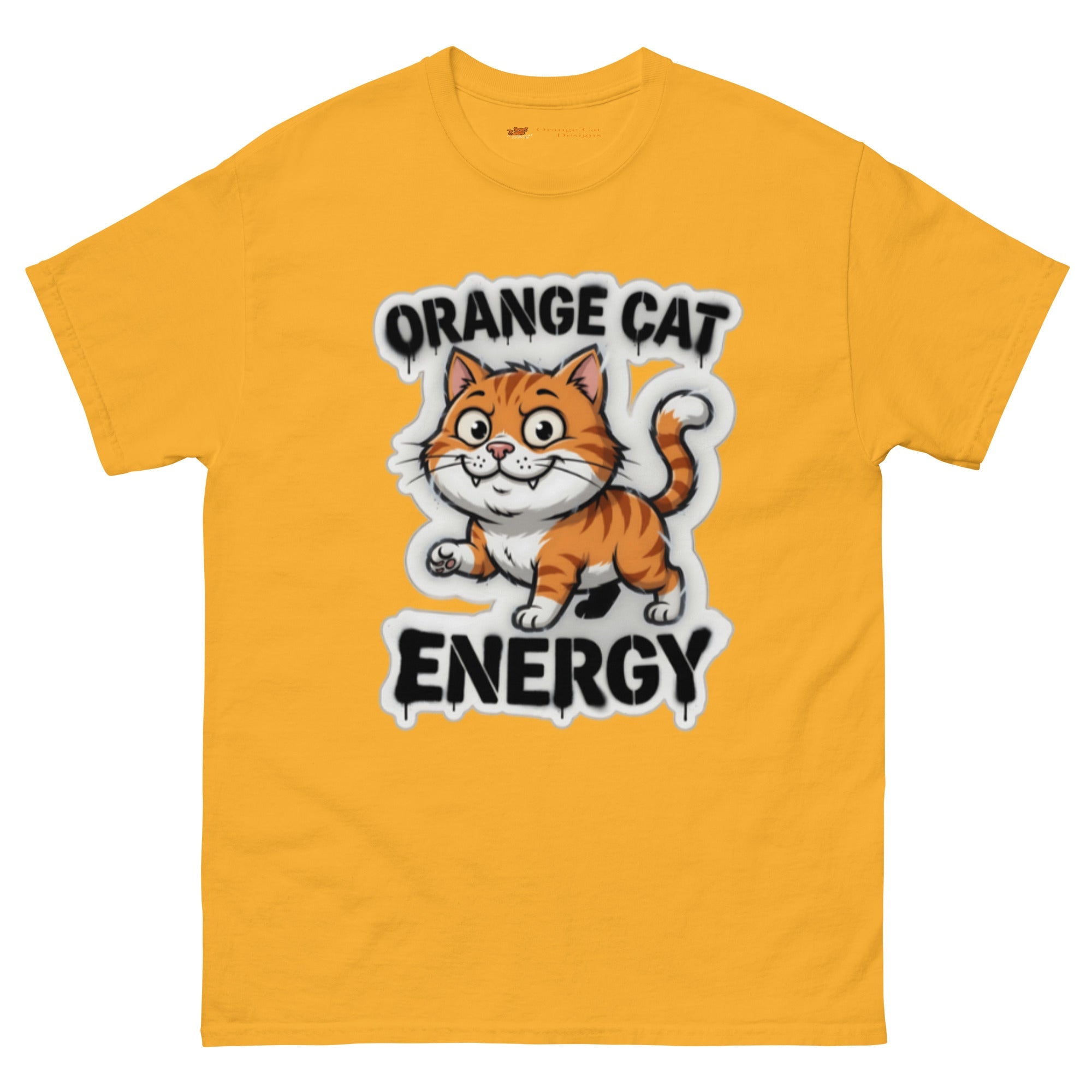 Orange Cat Energy tee — wide-eyed orange tabby mid-launch under drippy graffiti lettering