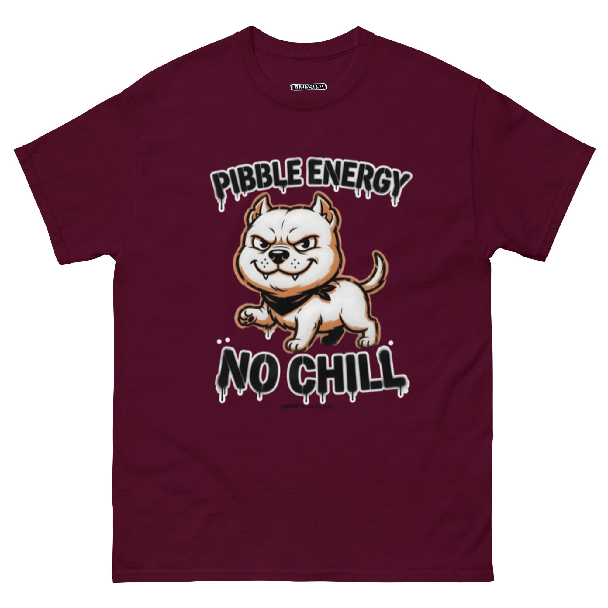 Pibble Energy No Chill tee — grinning bully pup at a dead sprint under graffiti lettering