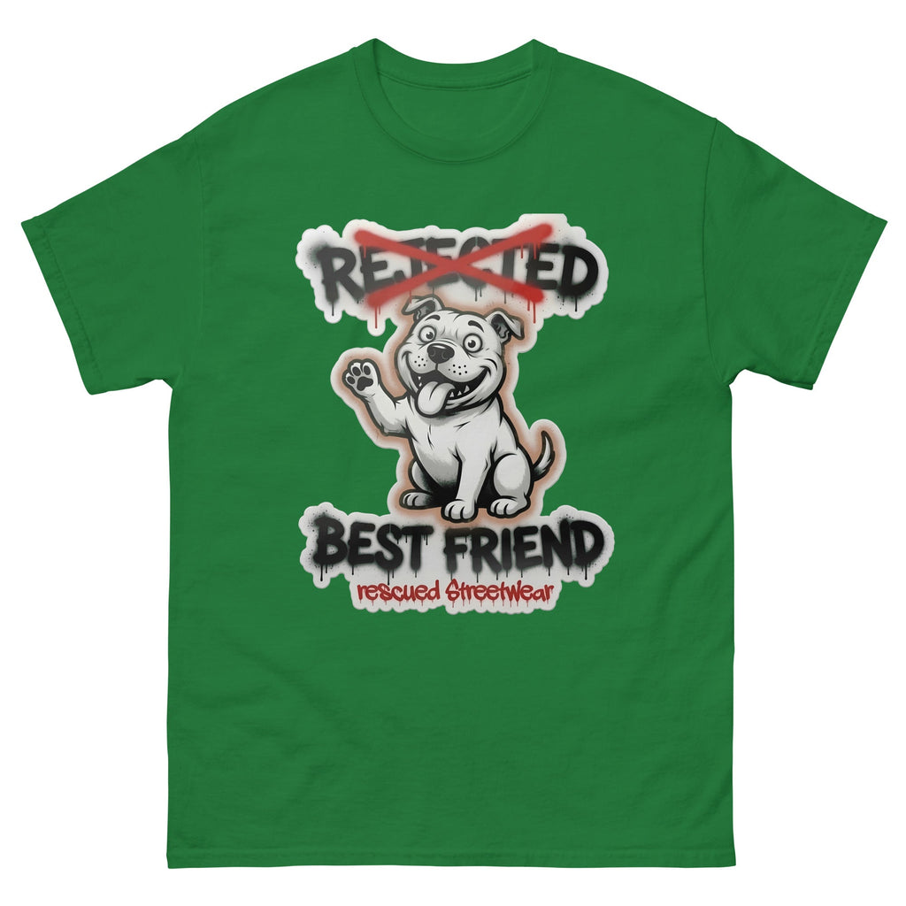 Best Friend pit bull tee — white bully pup waving a paw with REJECTED crossed out in red and BEST FRIEND sprayed below