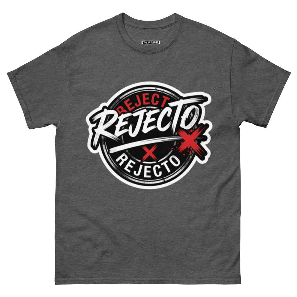 Rejected Street Wear emblem tee — black circle badge with white brush script and a red X slash