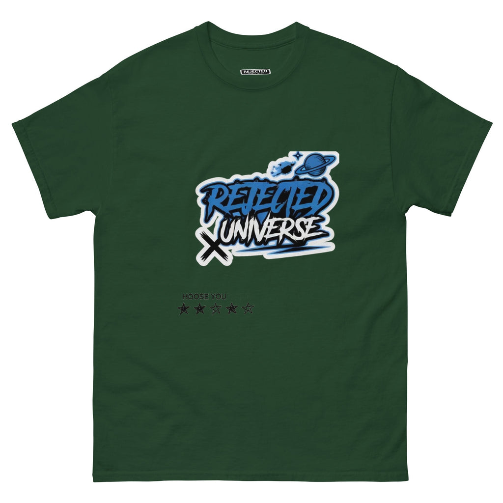 Rejected Universe logo tee in blue — graffiti tag with a planet and trailing stars