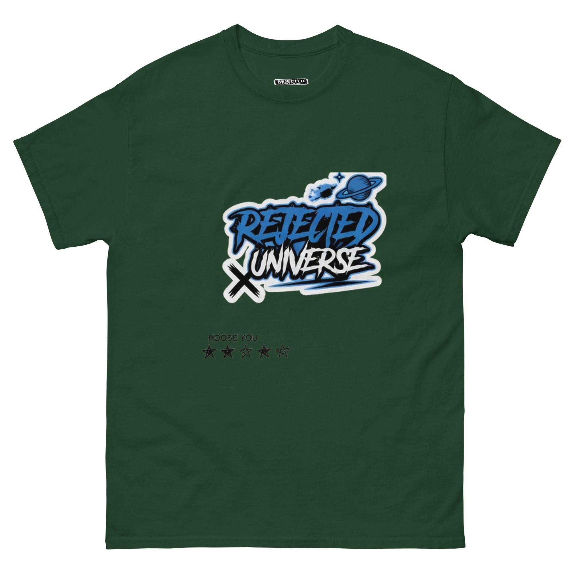 Rejected Universe logo tee in blue — graffiti tag with a planet and trailing stars