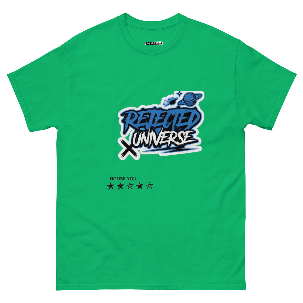 Rejected Universe logo tee in blue — graffiti tag with a planet and trailing stars