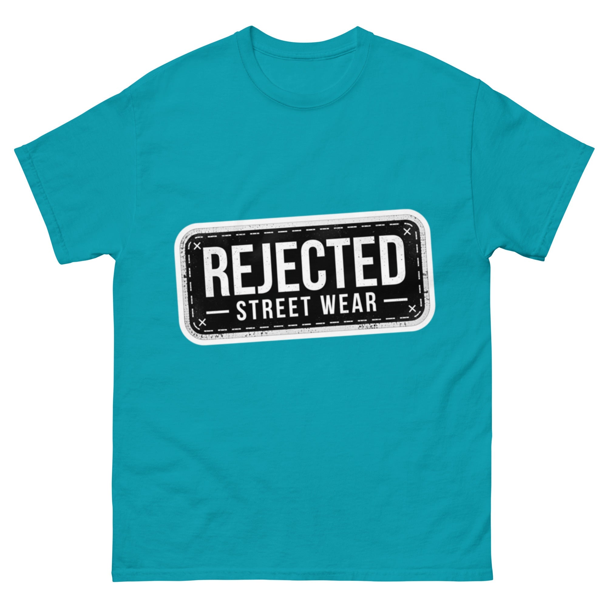 Rejected Street Wear plate logo tee — stamped black plate with a dashed border, corner x marks and REJECTED STREET WEAR inside