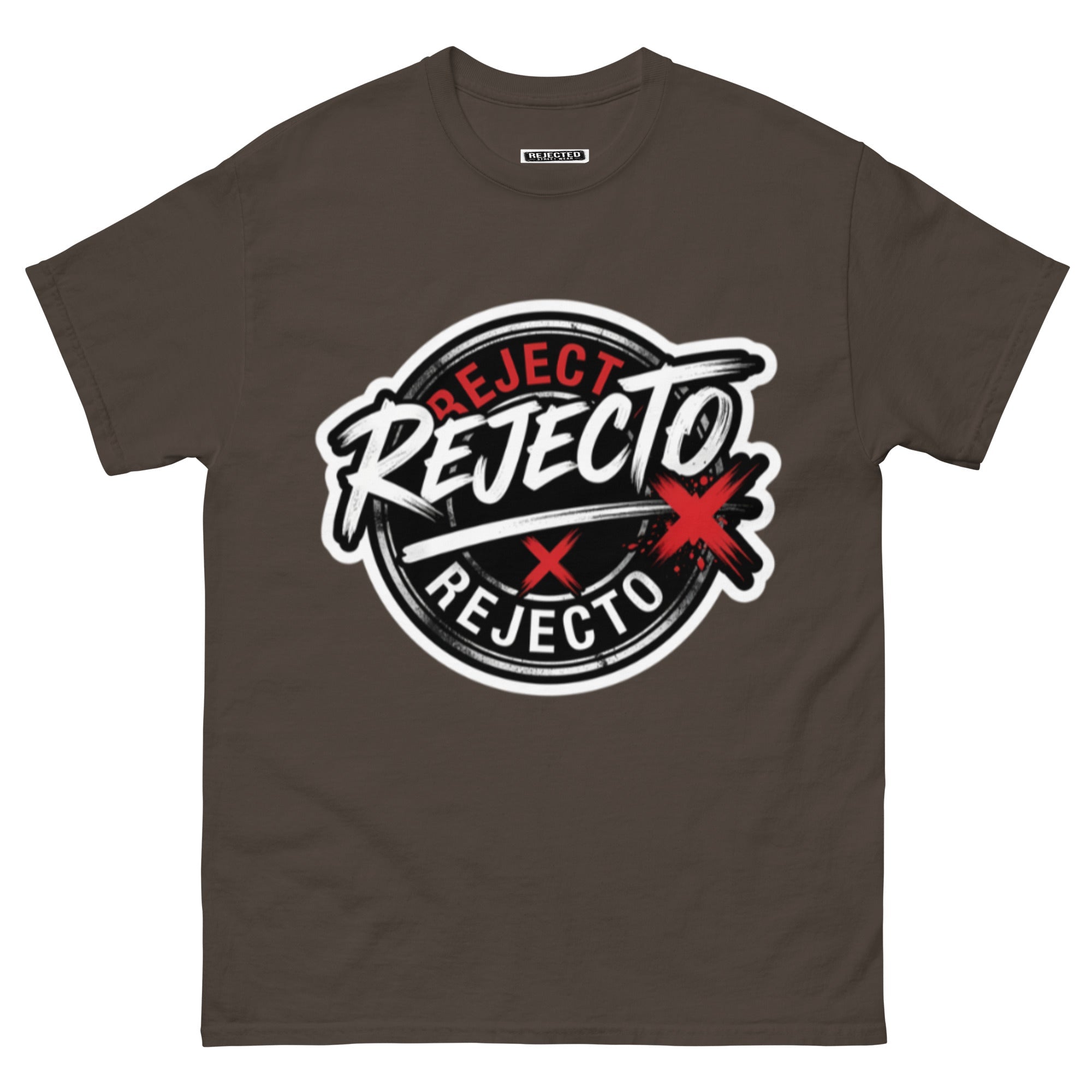 Rejected Street Wear emblem tee — black circle badge with white brush script and a red X slash
