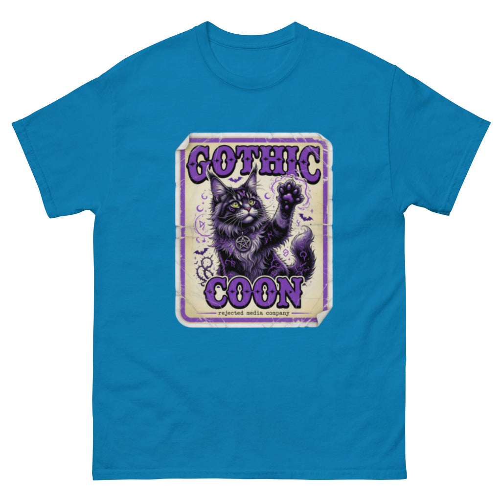 Gothic Coon tee — purple and black Maine Coon cat with a pentacle collar and one paw raised, vintage poster frame