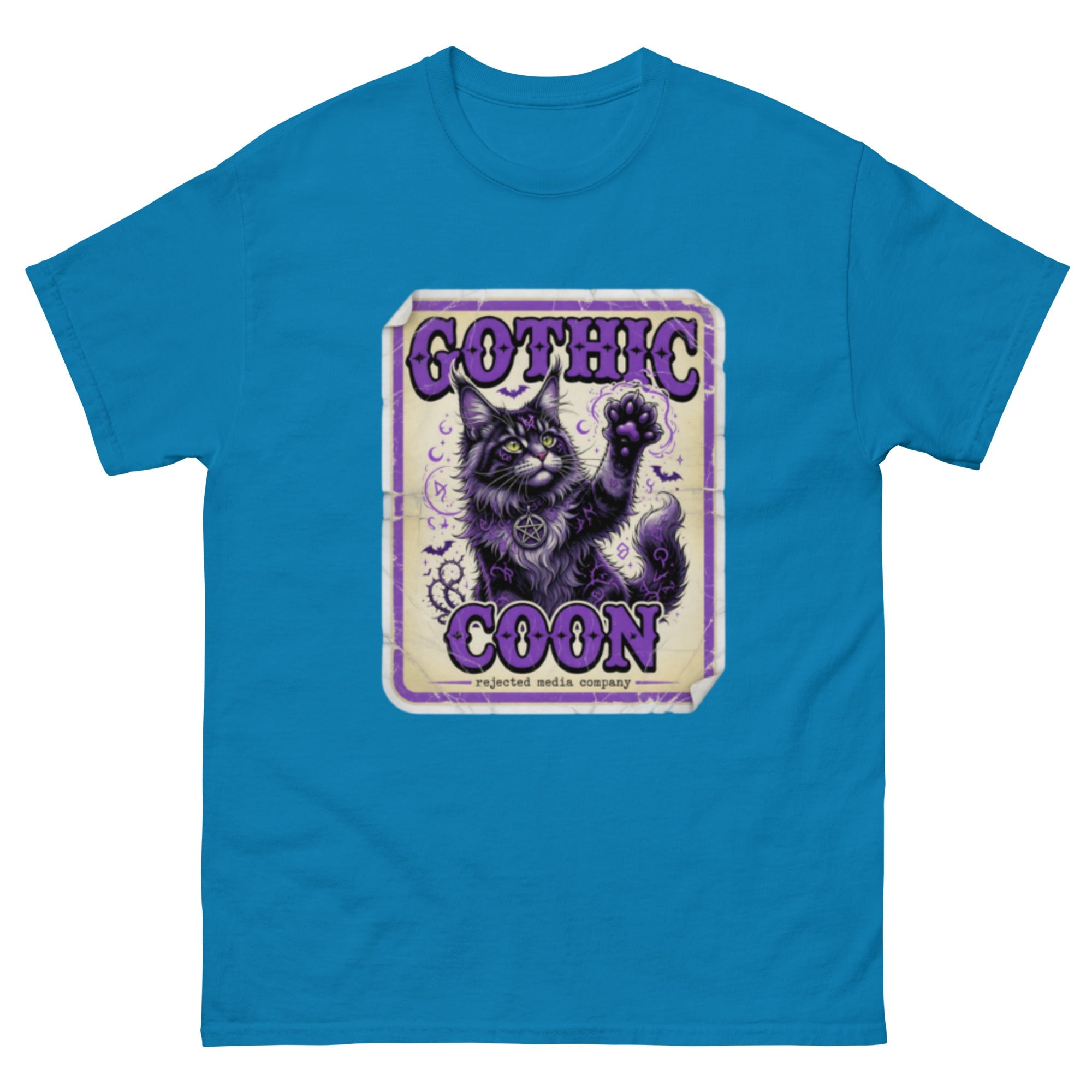 Gothic Coon tee — purple and black Maine Coon cat with a pentacle collar and one paw raised, vintage poster frame