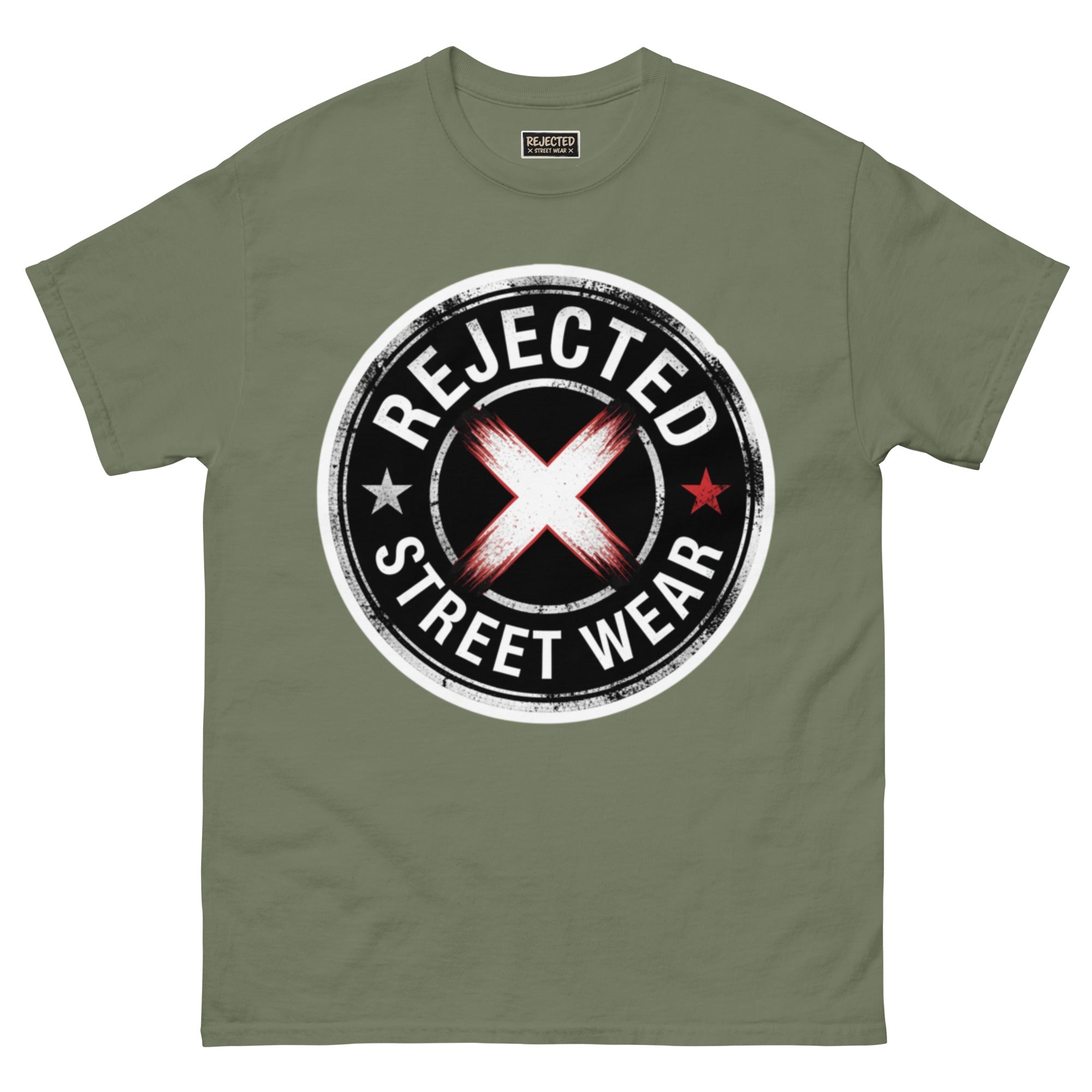 Rejected Street Wear barbed wire seal tee — distressed circular badge with REJECTED arched over a red and white brushed X