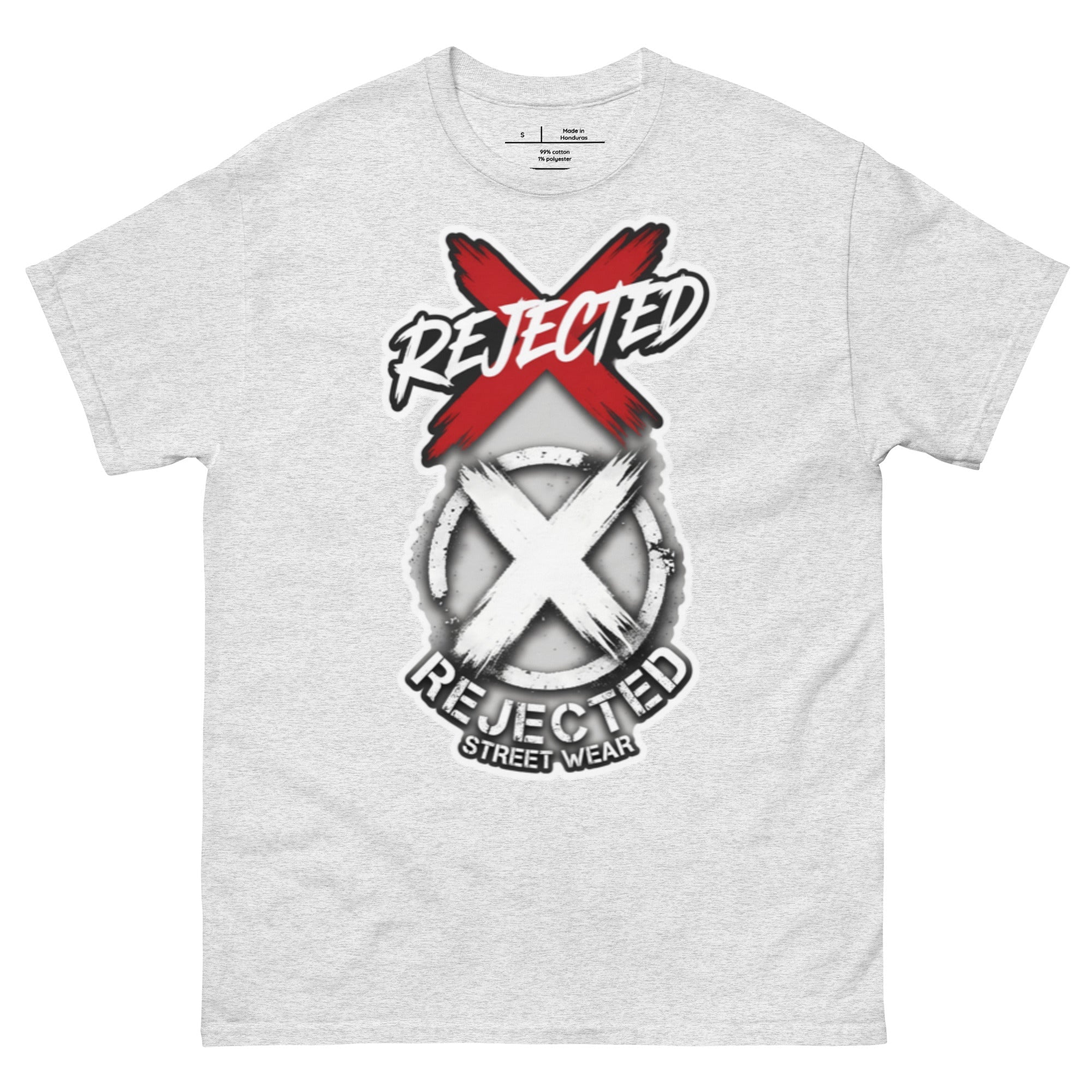 Reject Labels Be Human tee — REJECTED crossed out in red above the X emblem with the word Human underneath